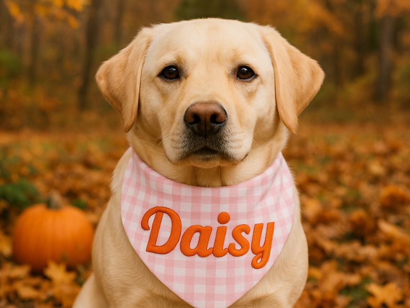 Roze en wit geruite gepersonaliseerde honden bandana met knoopsluiting, borduring met naam voor jouw hond, stijlvolle herfst hondenaccessoires.
